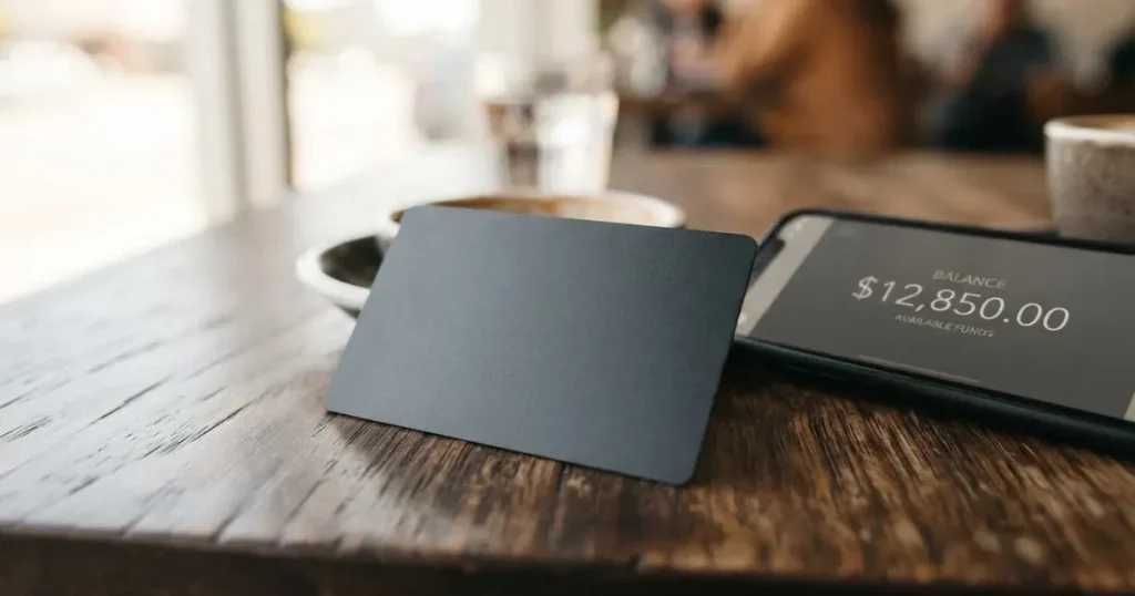 A payment card next to a phone with a crypto wallet app open