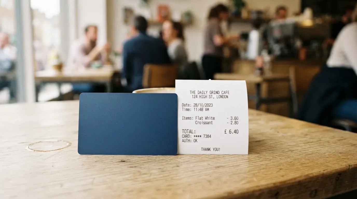 A receipt and a card on a café table