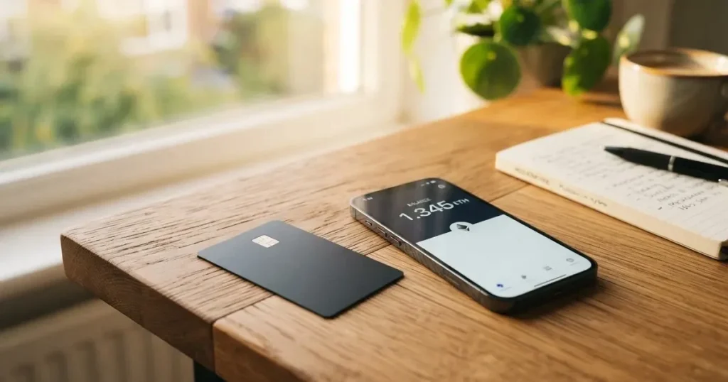 A payment card next to a phone with a crypto wallet app open