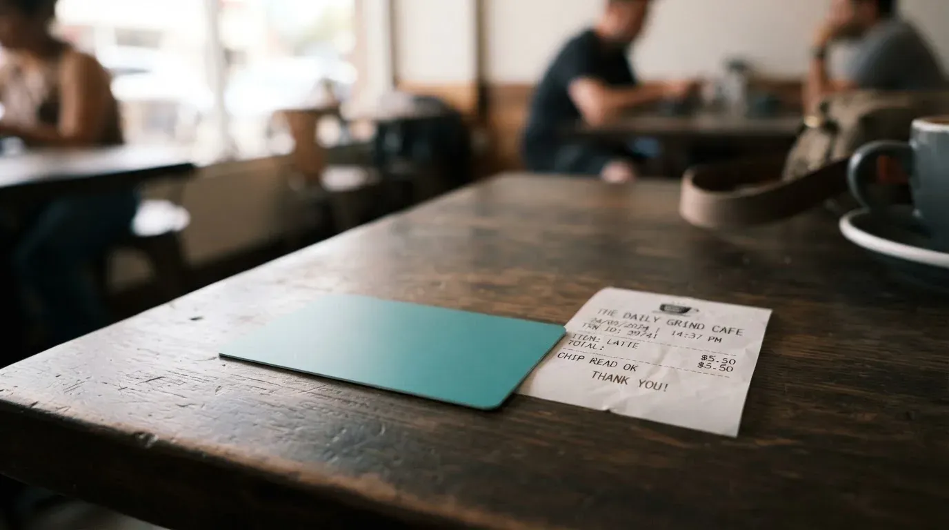 A receipt and a card on a café table