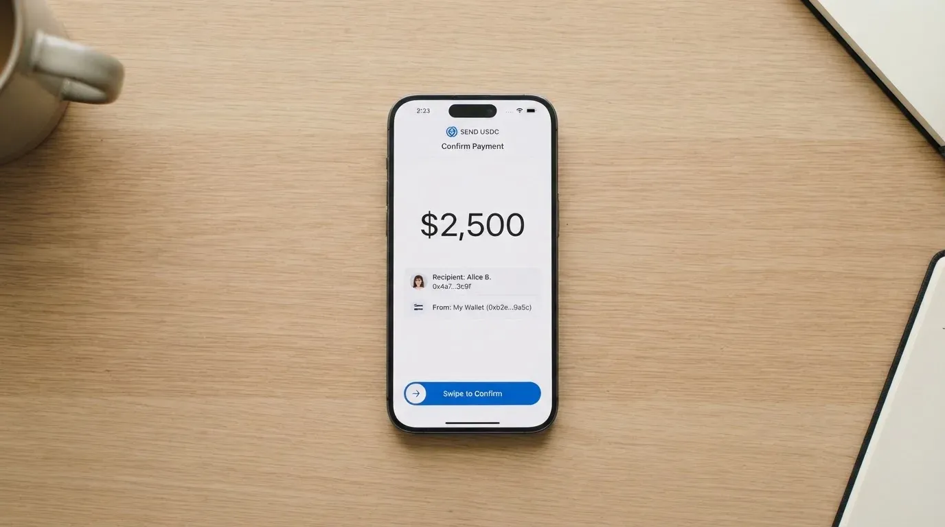 A phone showing a stablecoin transfer screen