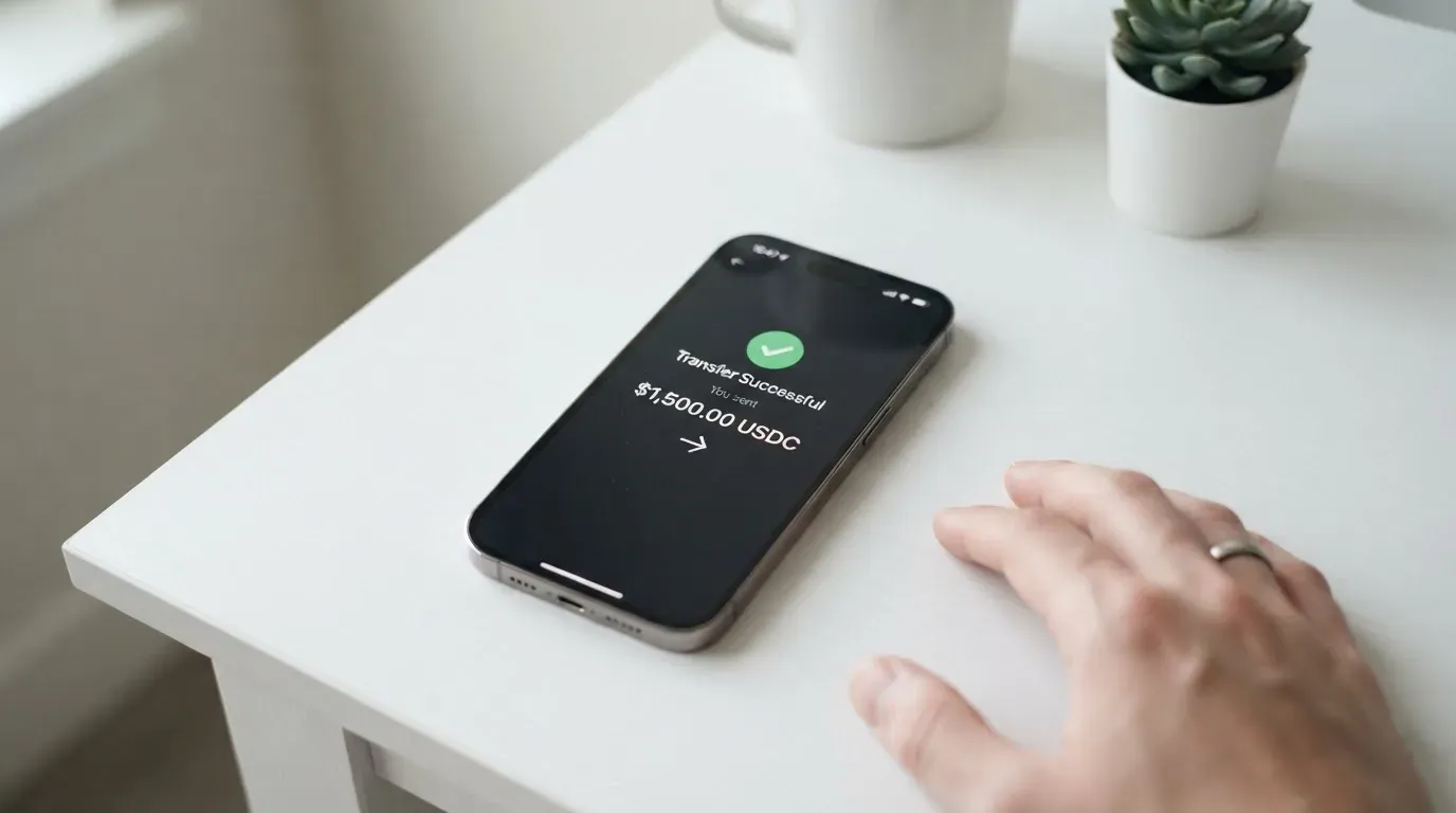A phone showing a stablecoin transfer screen