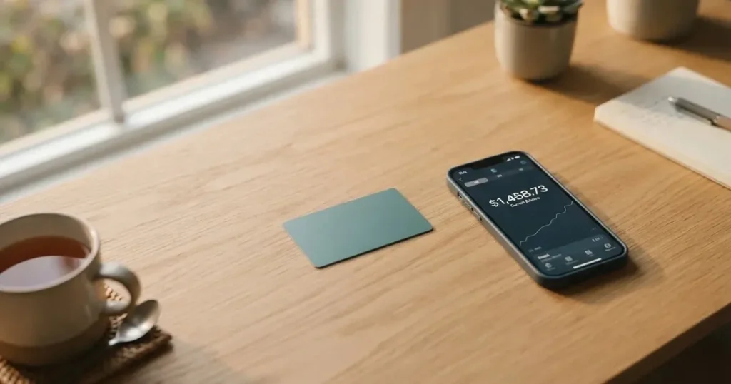 A payment card next to a phone with a crypto wallet app open