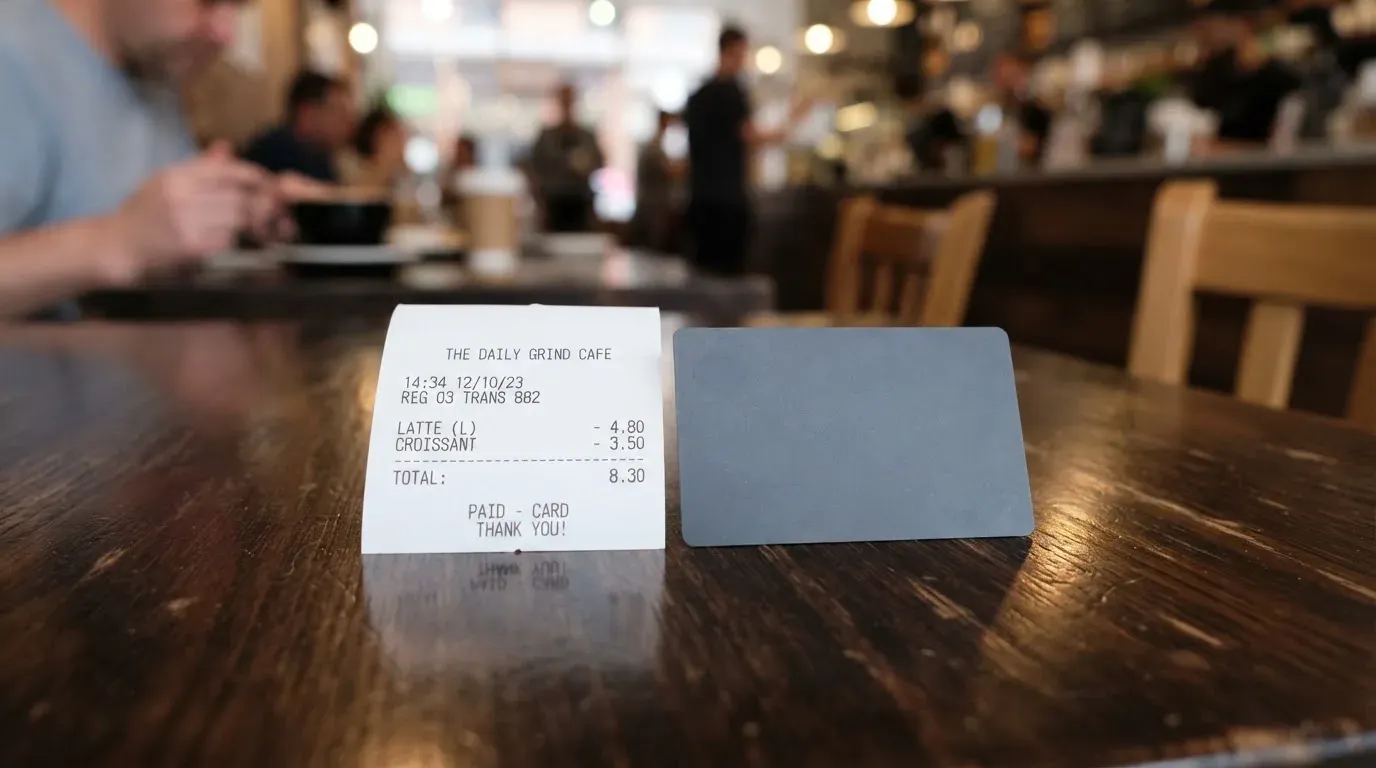 A receipt and a card on a café table