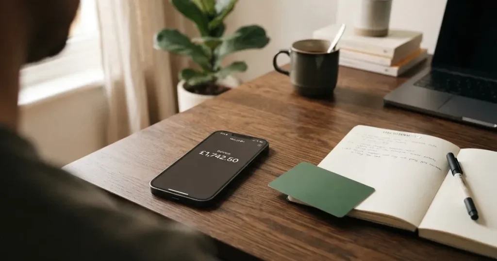 A payment card next to a phone with a crypto wallet app open