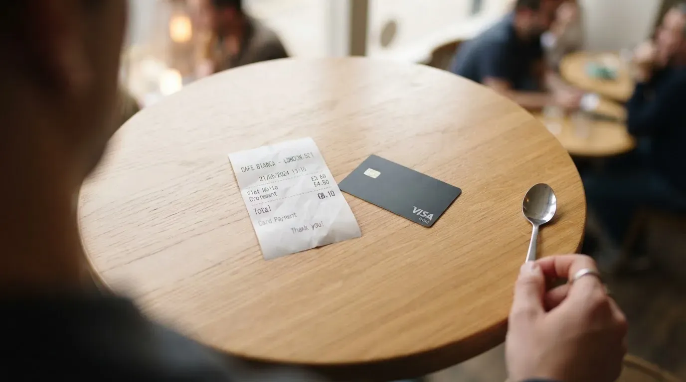 A receipt and a card on a café table