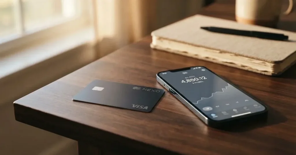 A payment card next to a phone with a crypto wallet app open