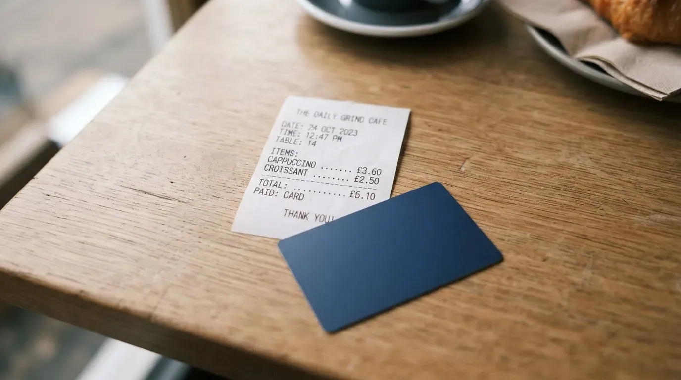 A receipt and a card on a café table