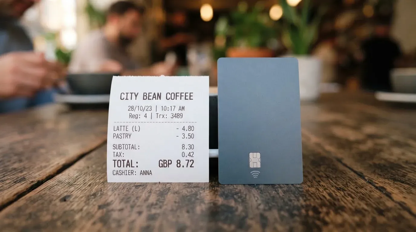 A receipt and a card on a café table