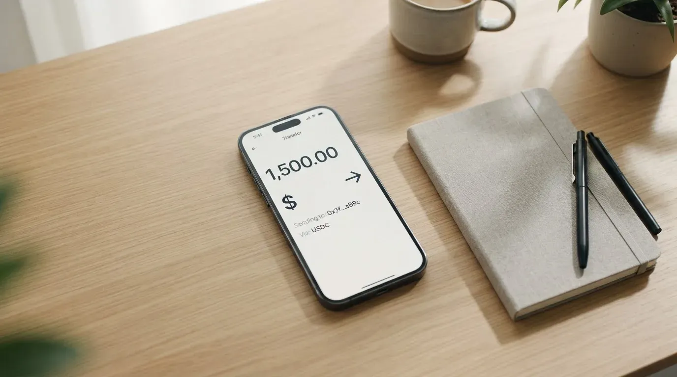 A phone showing a stablecoin transfer screen