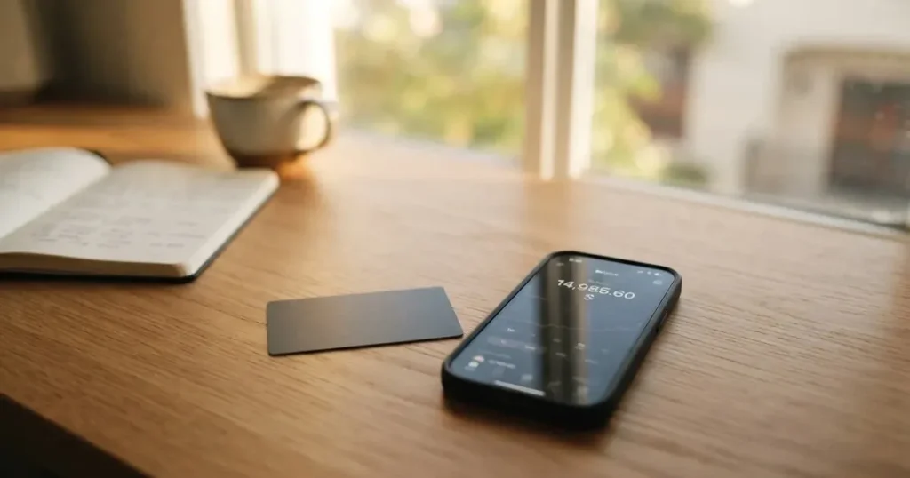 A payment card next to a phone with a crypto wallet app open