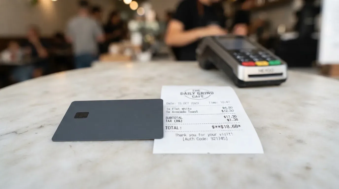 A receipt and a card on a café table