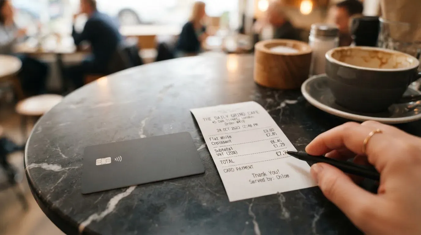 A receipt and a card on a café table