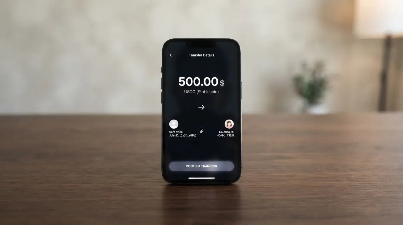 A phone showing a stablecoin transfer screen