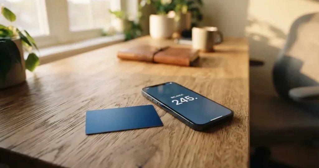 A payment card next to a phone with a crypto wallet app open