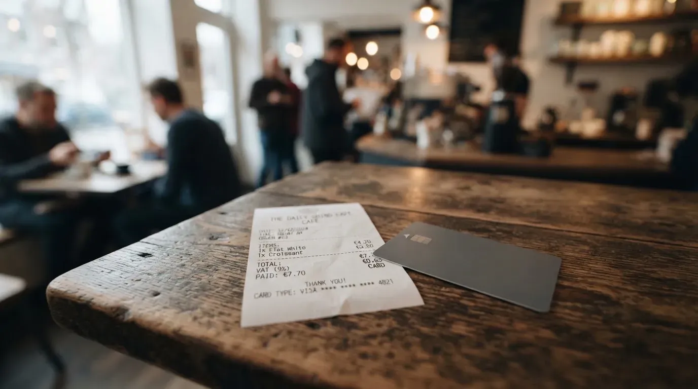 A receipt and a card on a café table