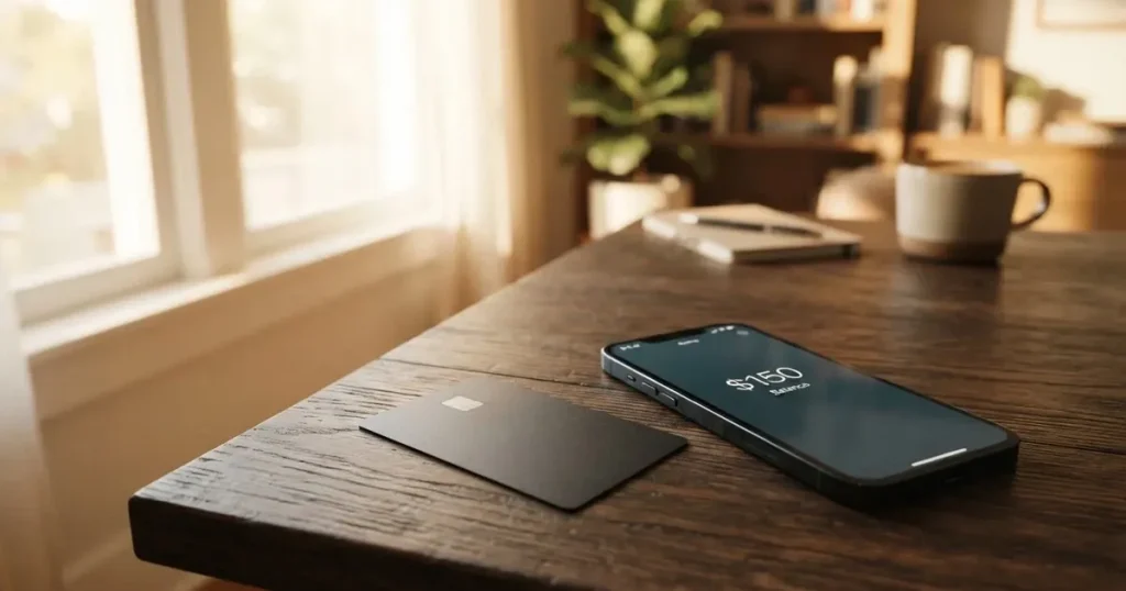 A payment card next to a phone with a crypto wallet app open