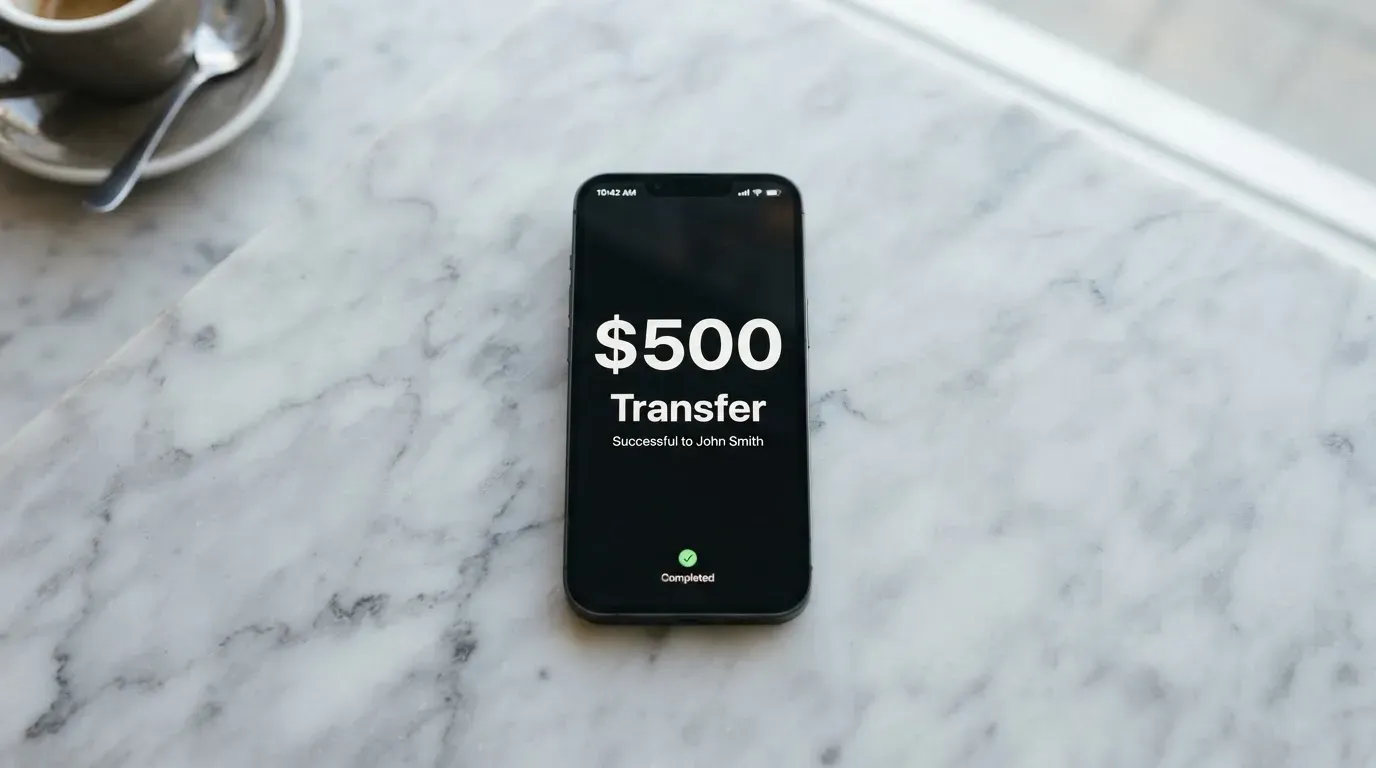 A phone showing a stablecoin transfer screen