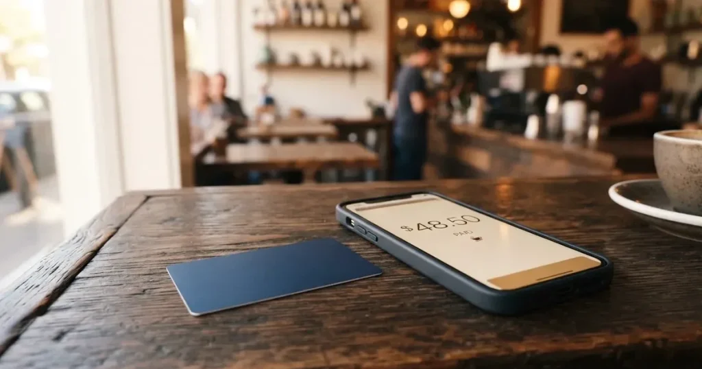 A payment card next to a phone with a crypto wallet app open