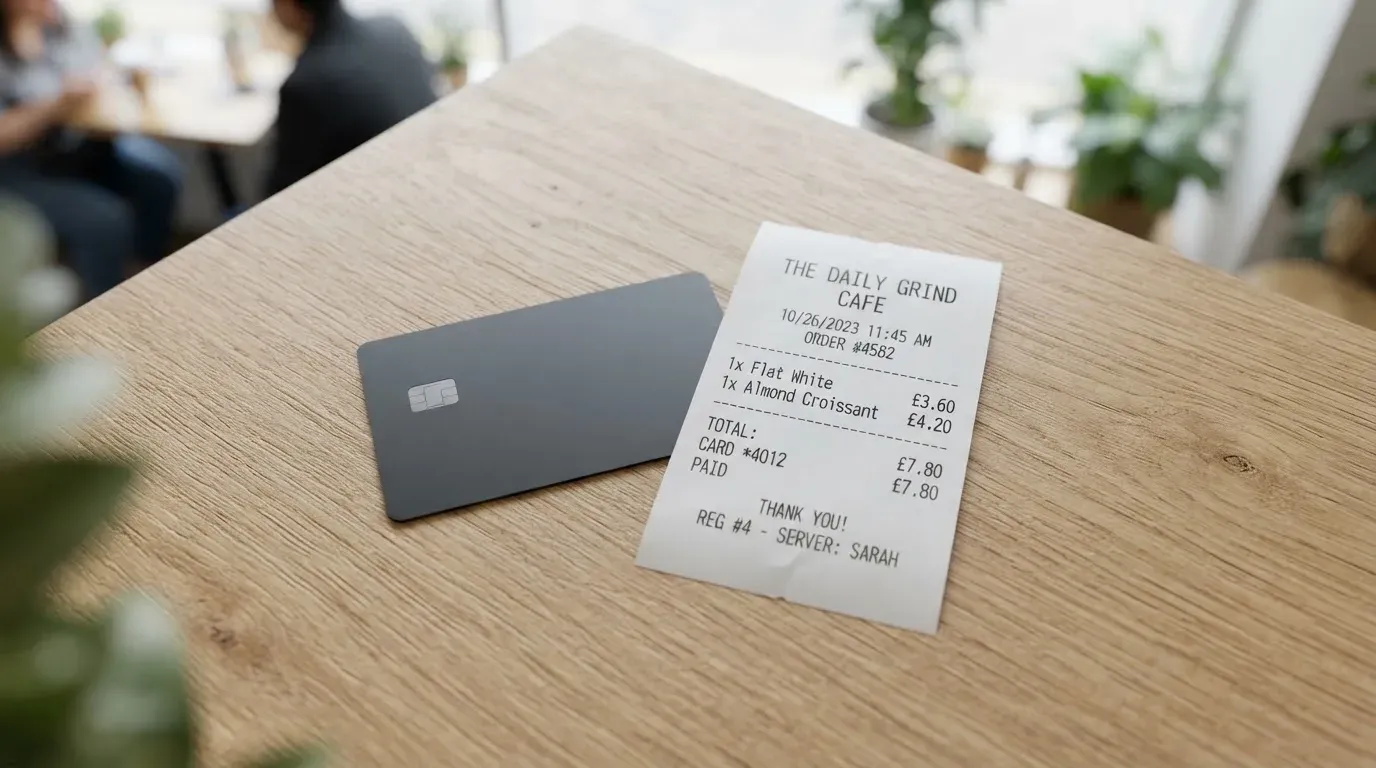 A receipt and a card on a café table