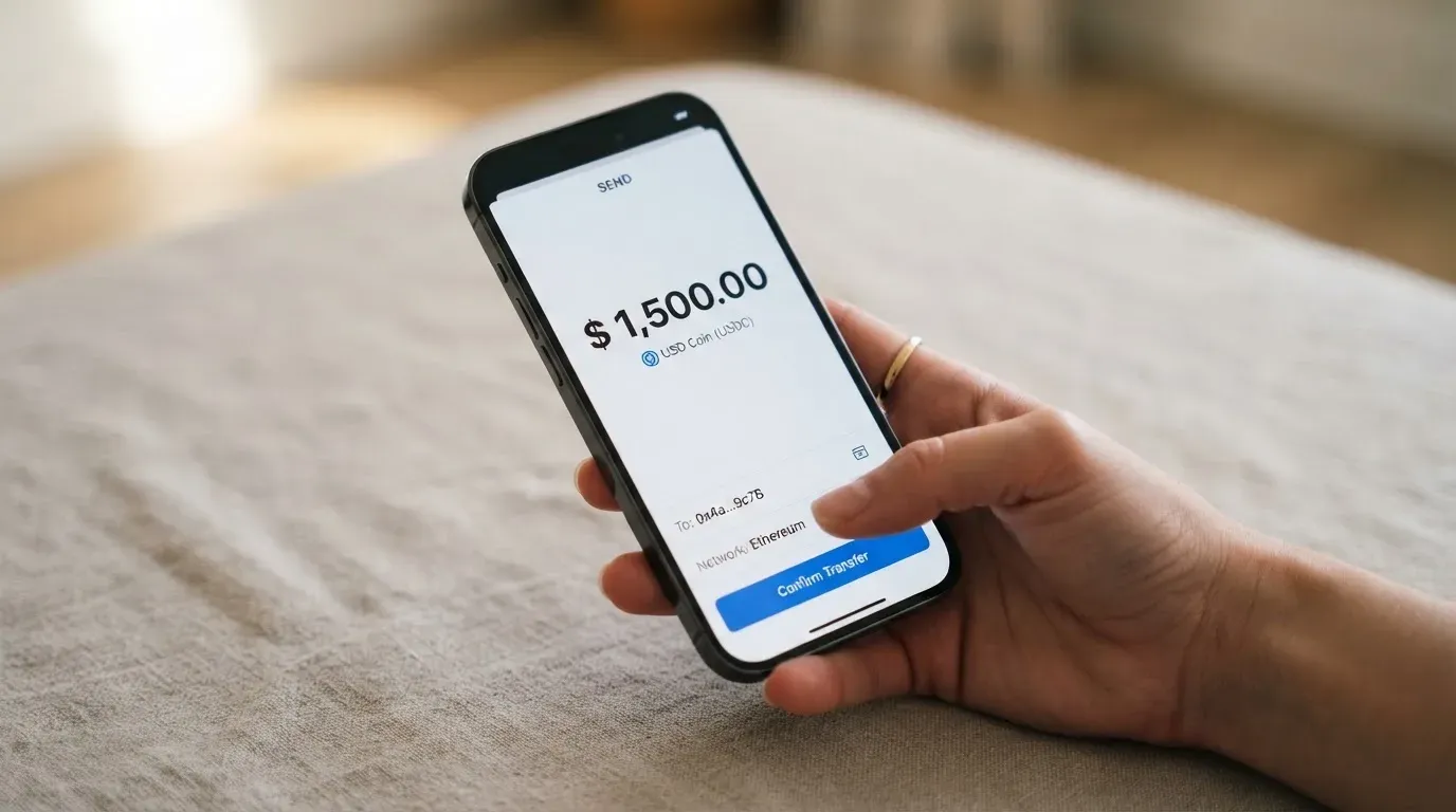 A phone showing a stablecoin transfer screen