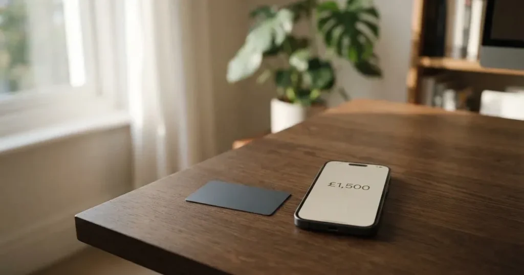 A payment card next to a phone with a crypto wallet app open