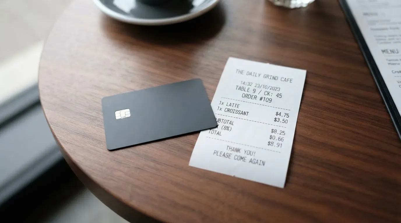 A receipt and a card on a café table