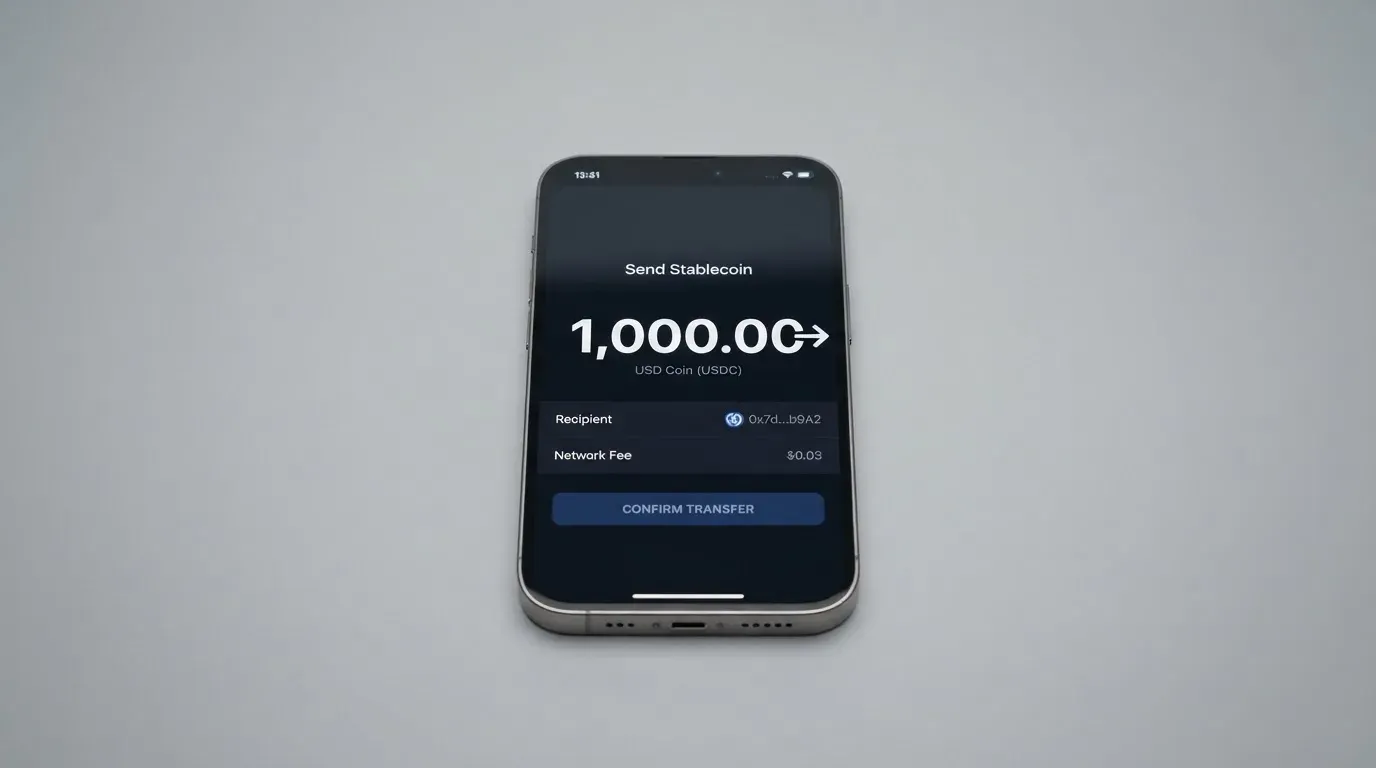 A phone showing a stablecoin transfer screen