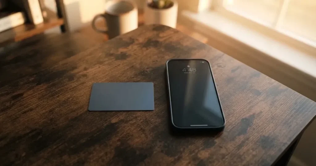 A payment card next to a phone with a crypto wallet app open