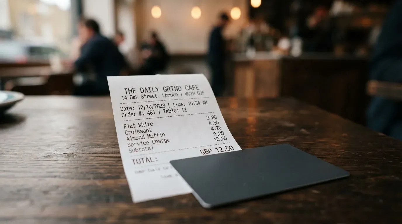 A receipt and a card on a café table