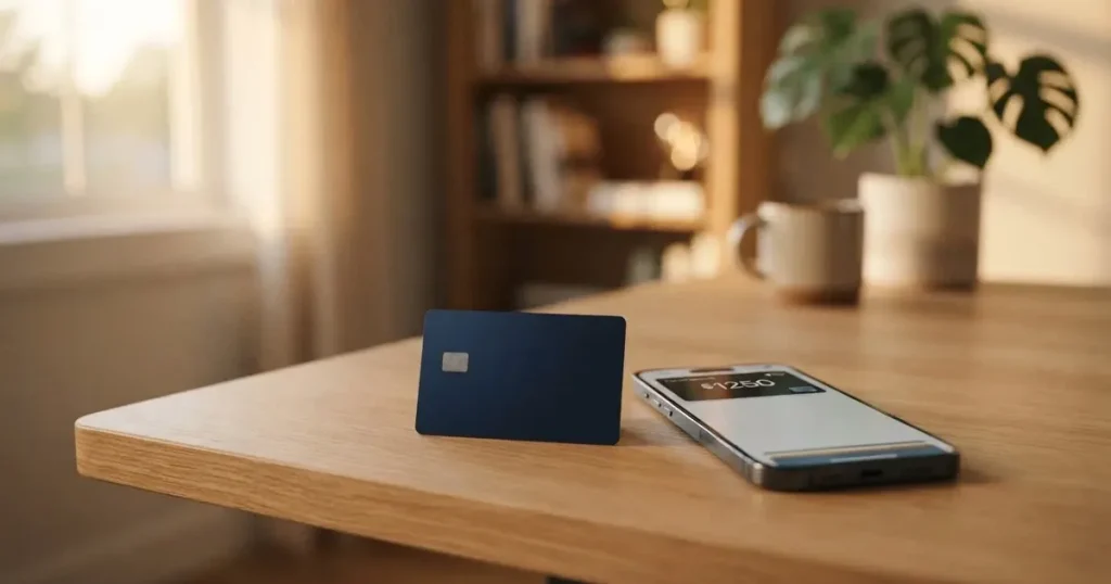 A payment card next to a phone with a crypto wallet app open