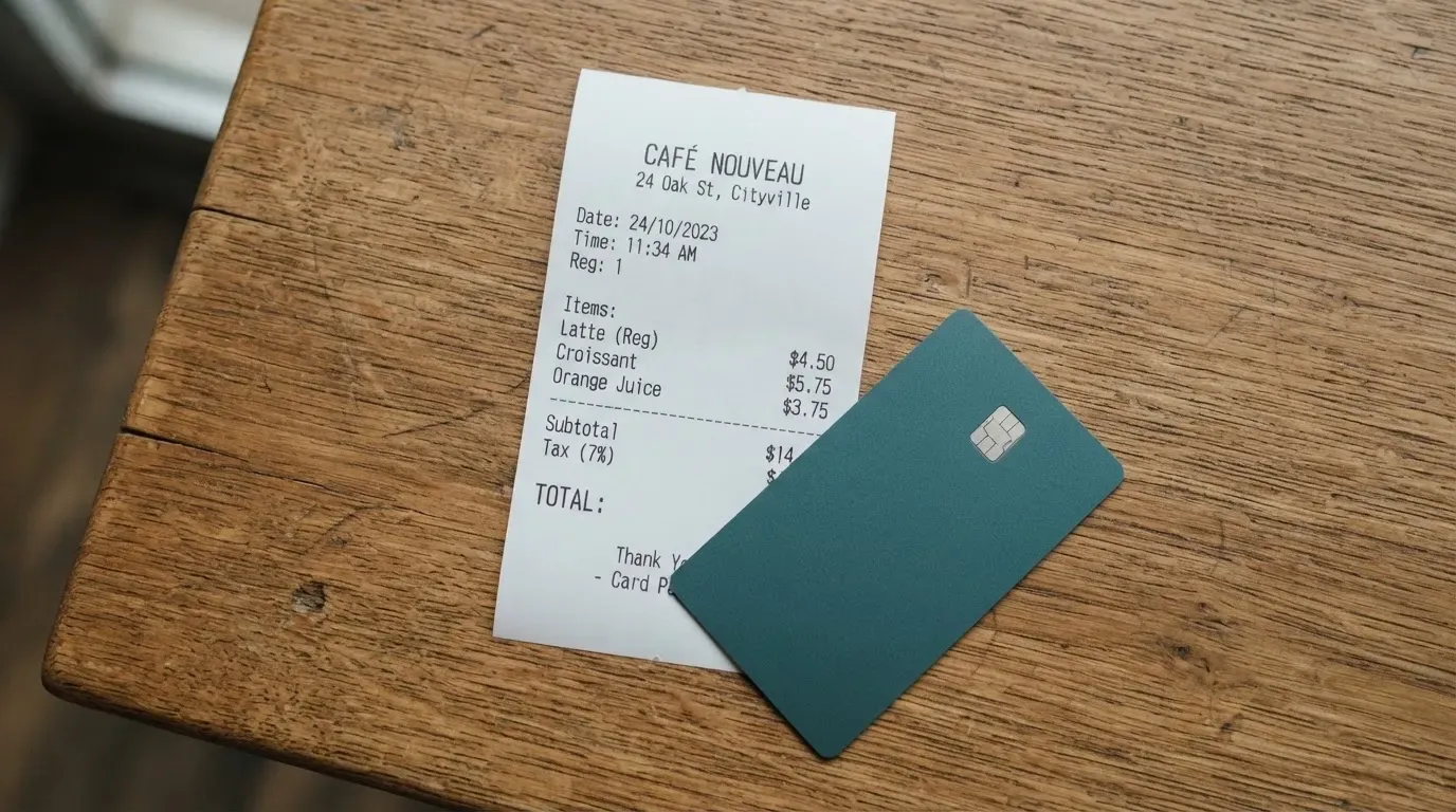 A receipt and a card on a café table