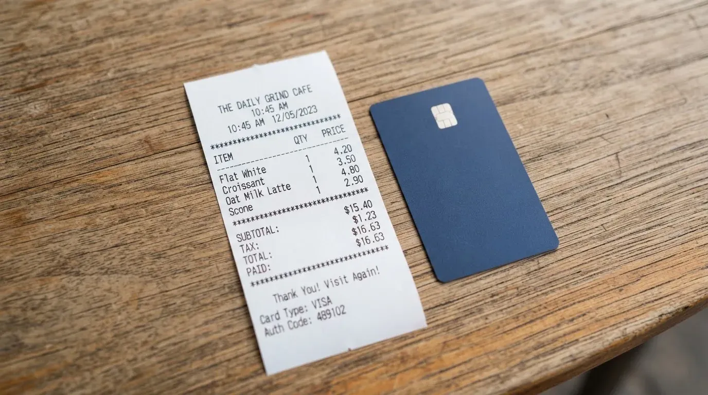 A receipt and a card on a café table