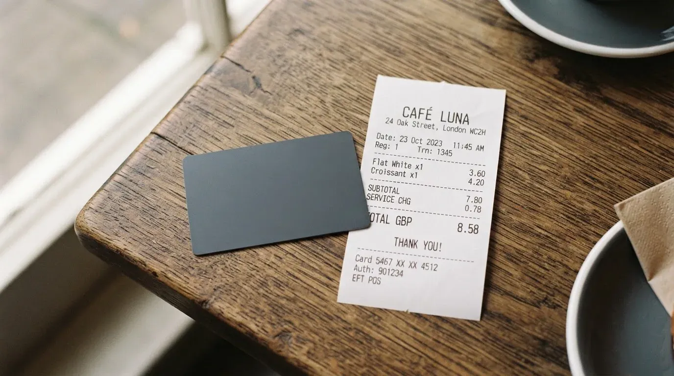 A receipt and a card on a café table