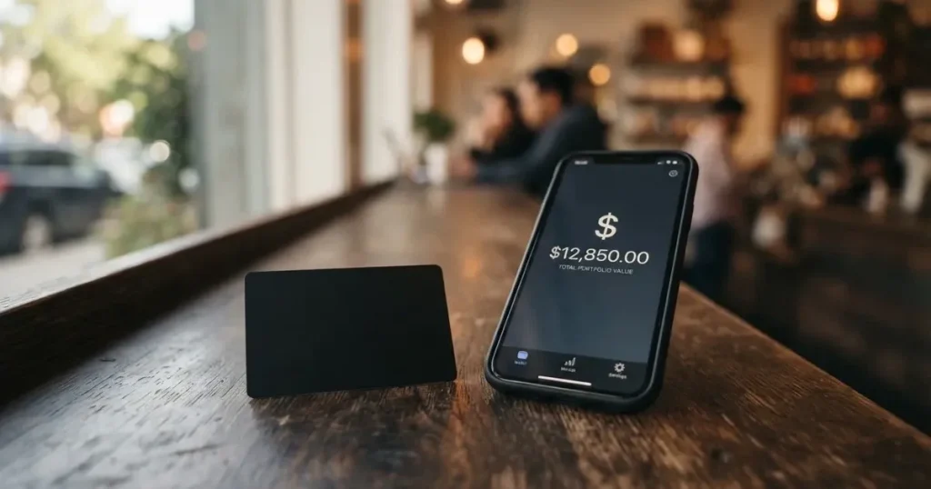 A payment card next to a phone with a crypto wallet app open