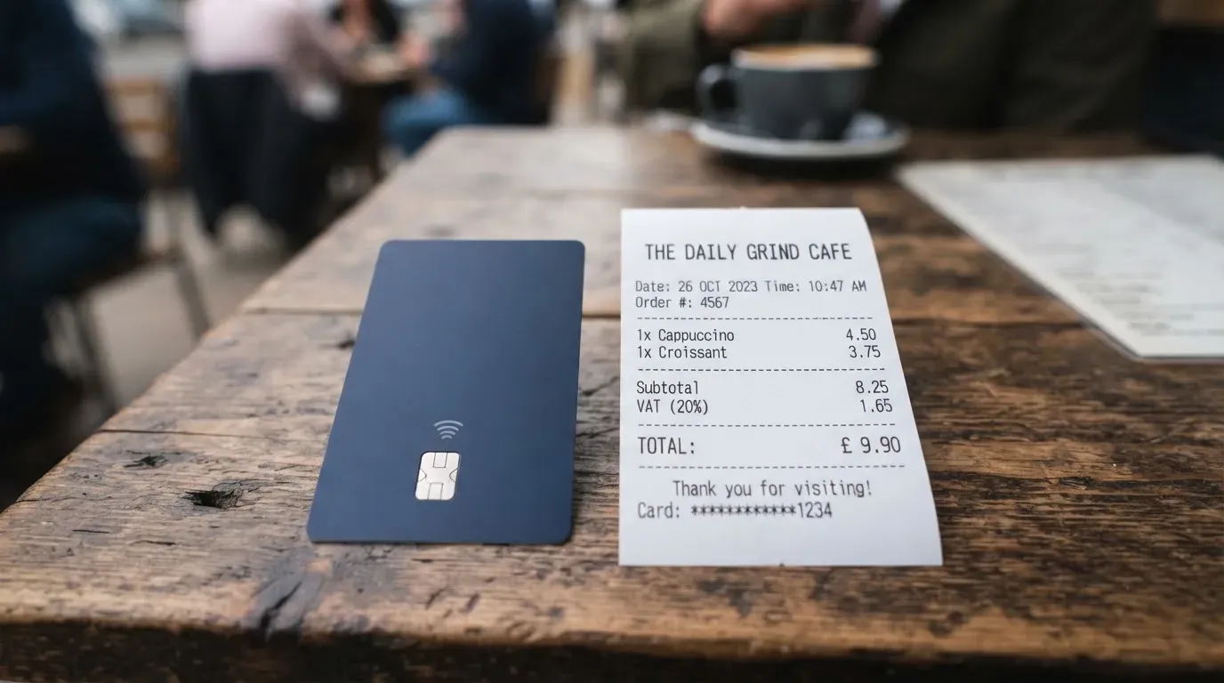 A receipt and a card on a café table