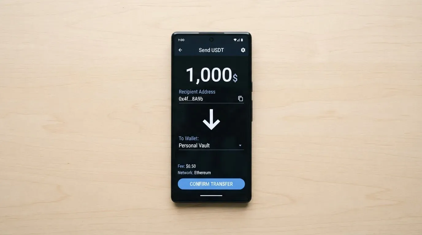 A phone showing a stablecoin transfer screen
