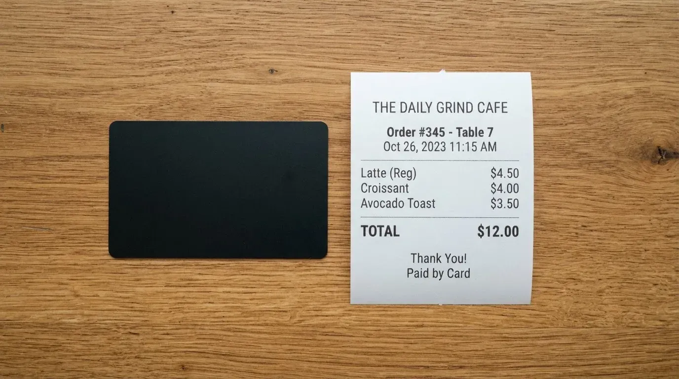 A receipt and a card on a café table