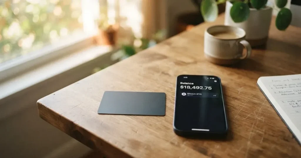 A payment card next to a phone with a crypto wallet app open