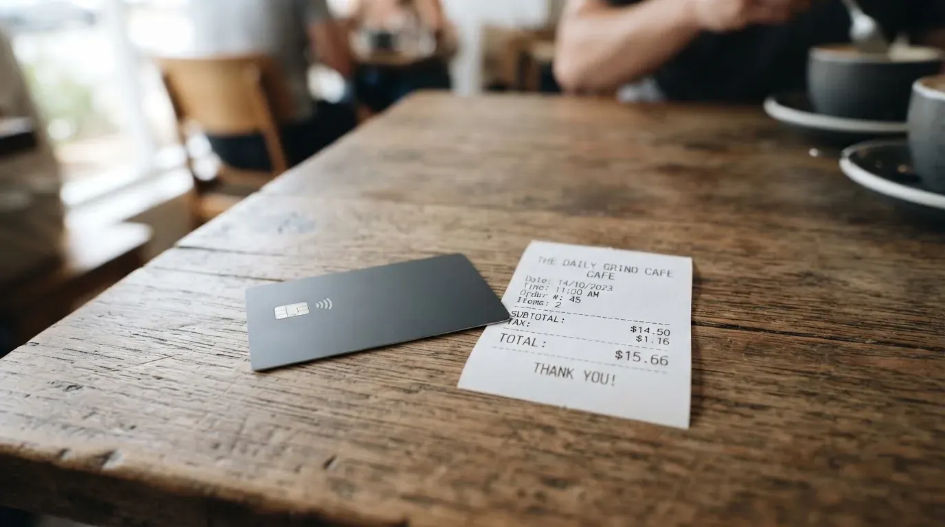 A receipt and a card on a café table