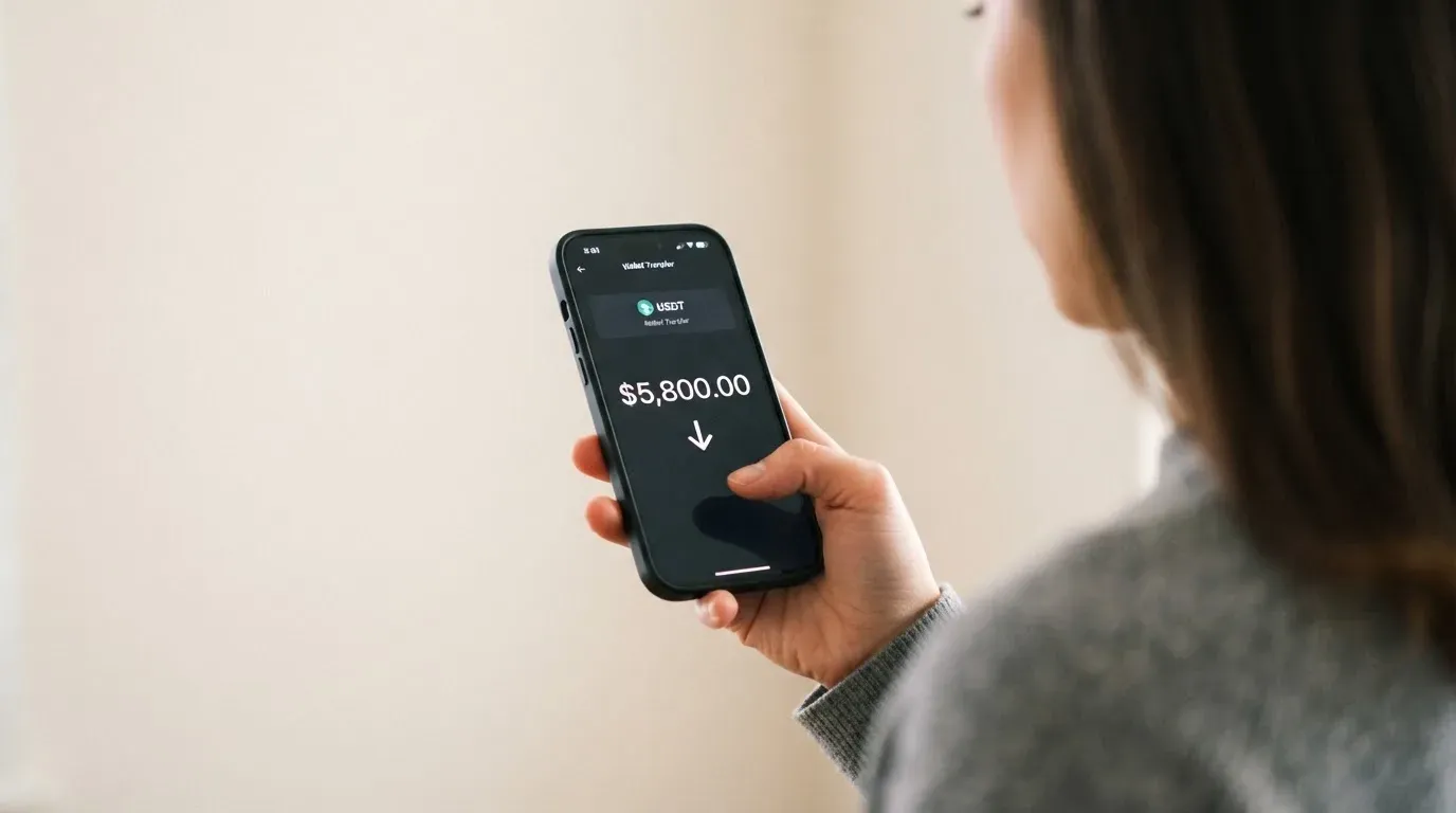 A phone showing a stablecoin transfer screen