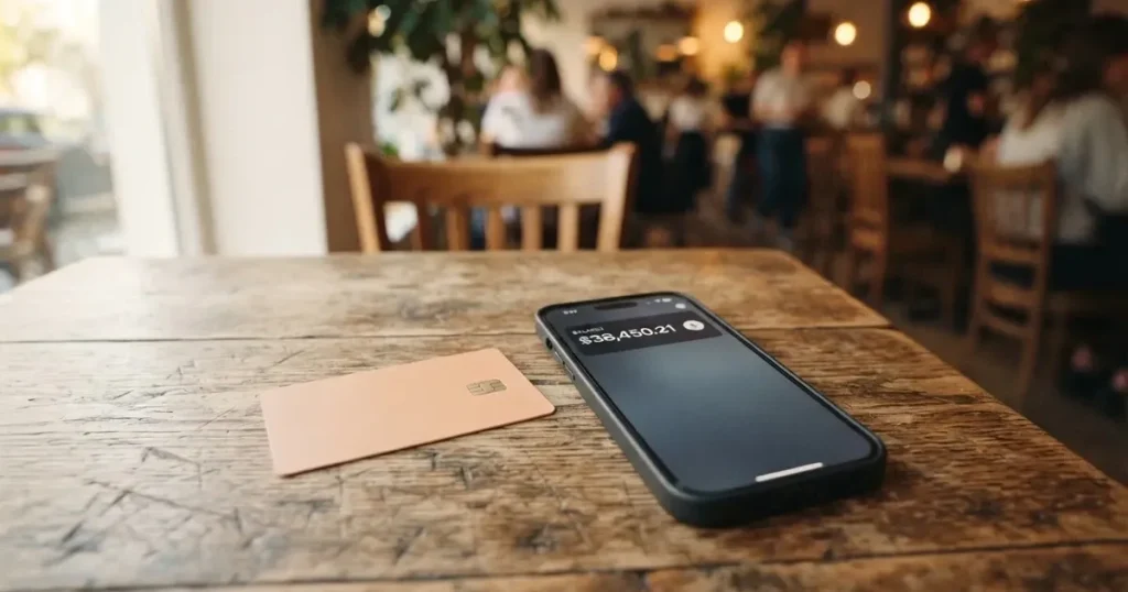 A payment card next to a phone with a crypto wallet app open