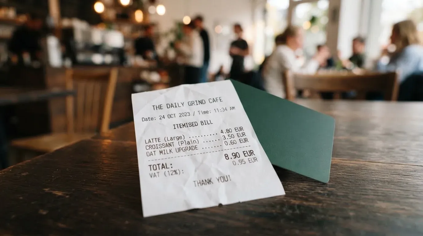 A receipt and a card on a café table