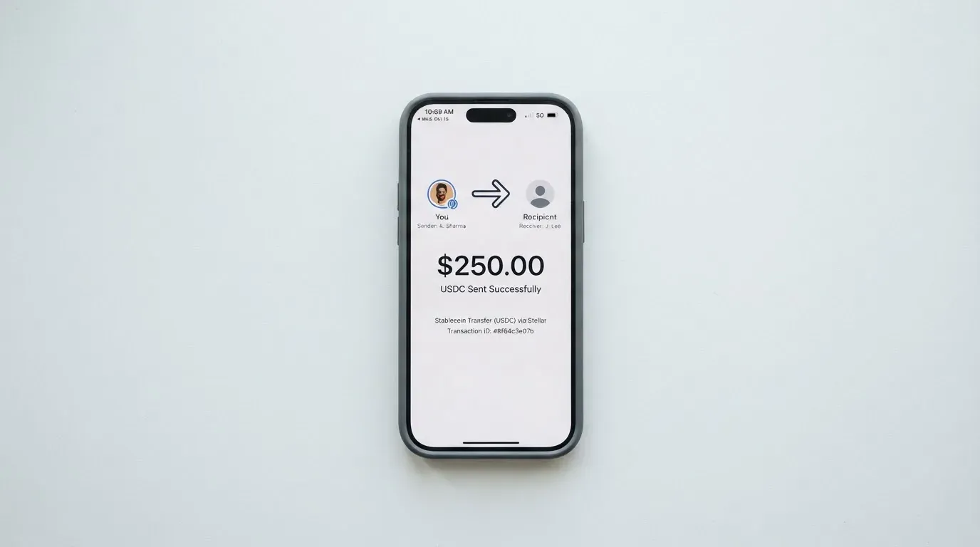 A phone showing a stablecoin transfer screen