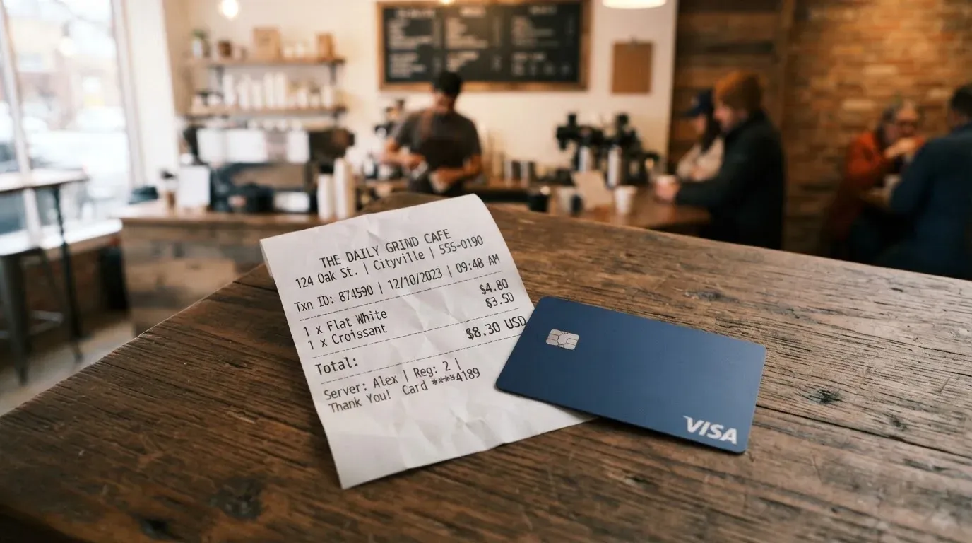A receipt and a card on a café table