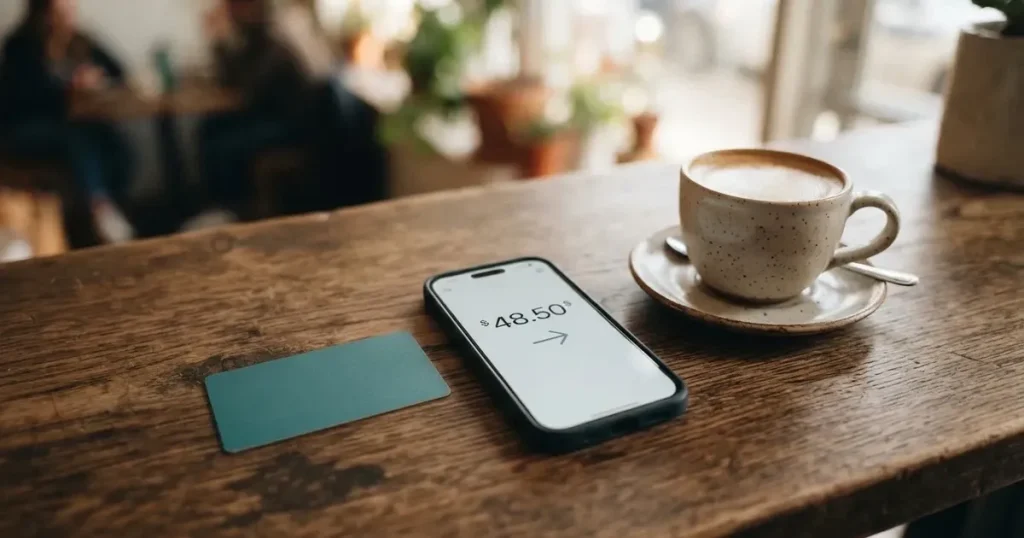 A payment card next to a phone with a crypto wallet app open