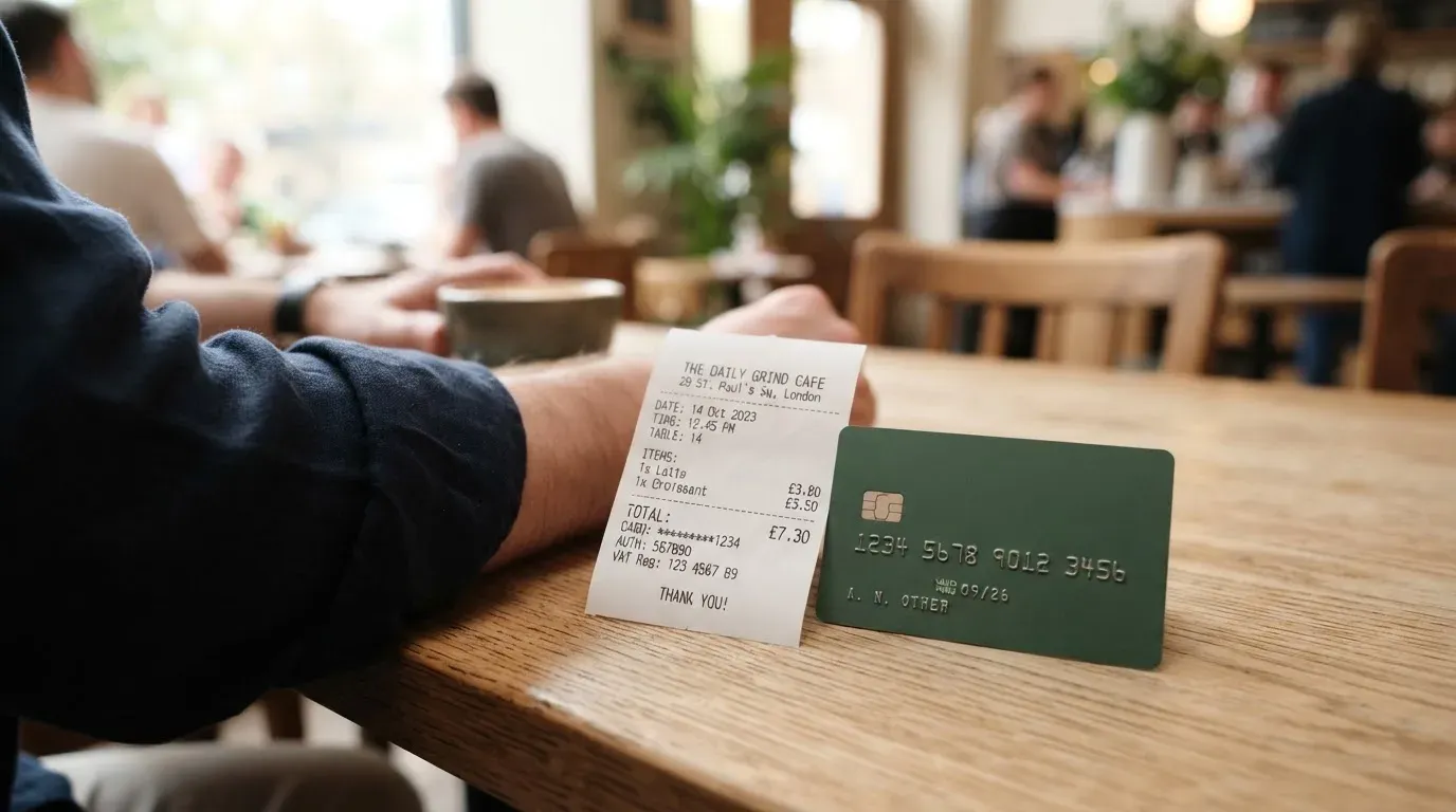 A receipt and a card on a café table