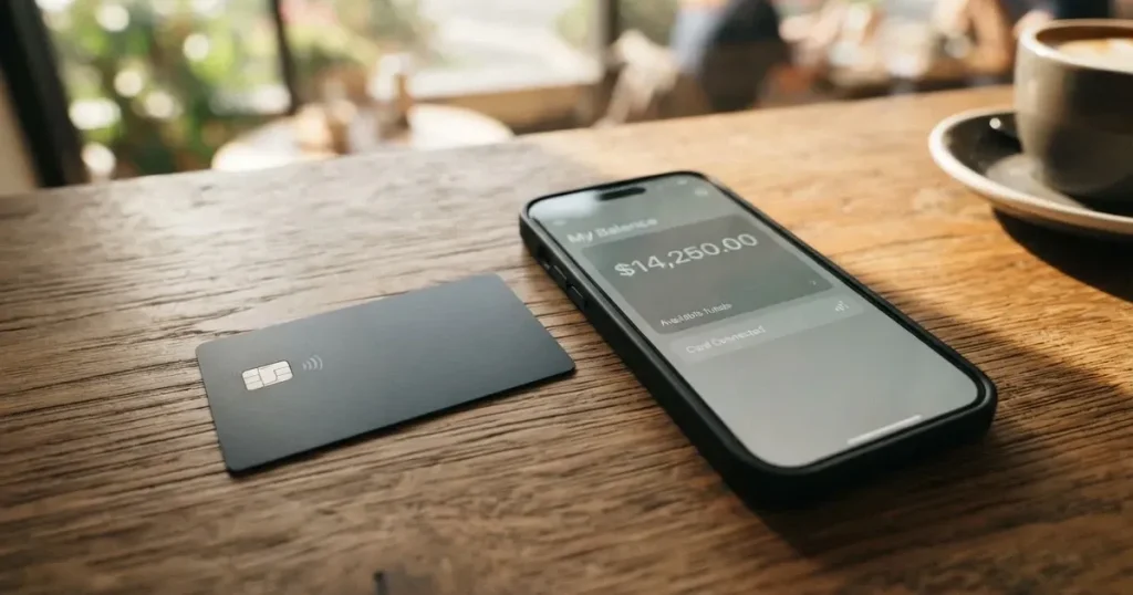A payment card next to a phone with a crypto wallet app open