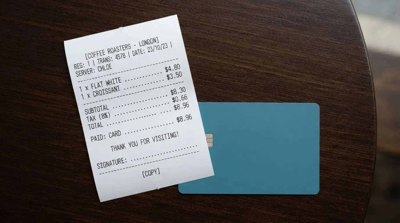 A receipt and a card on a café table
