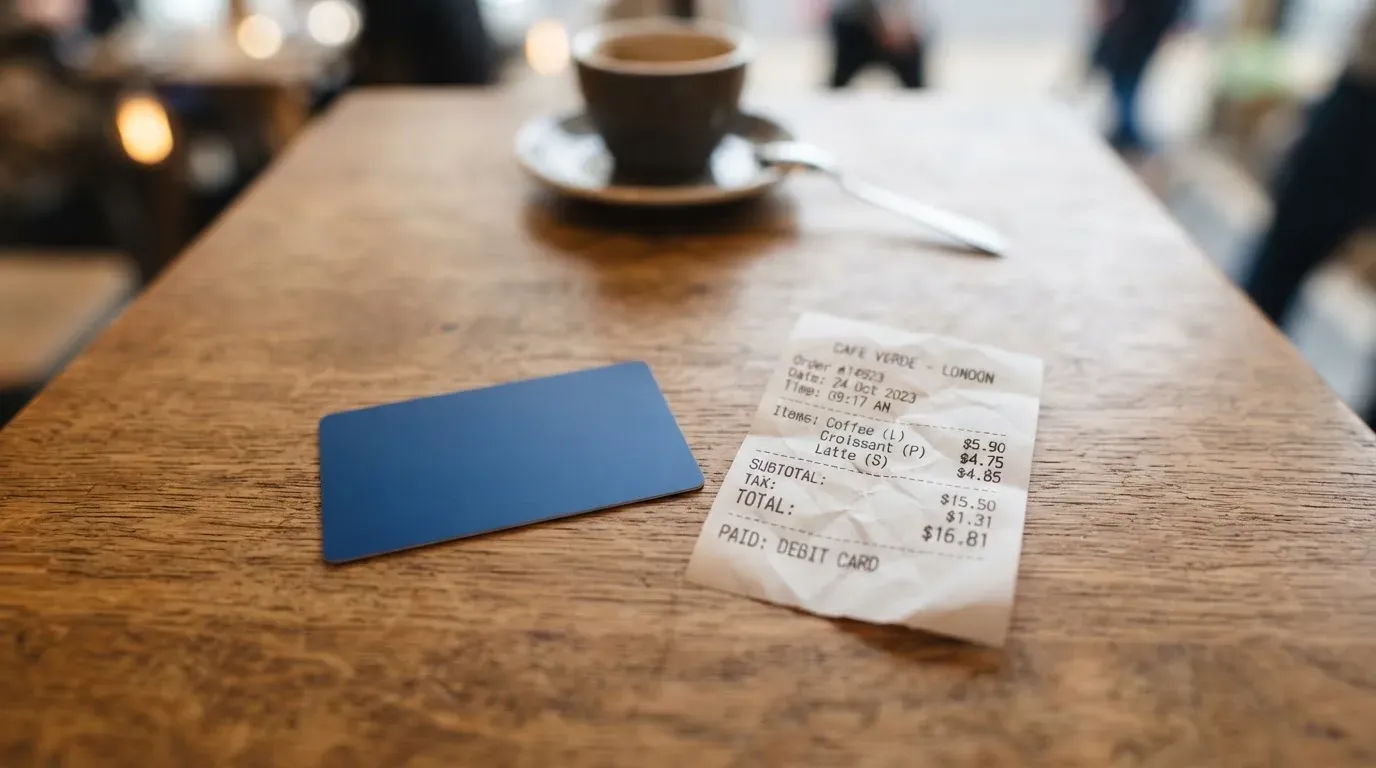A receipt and a card on a café table